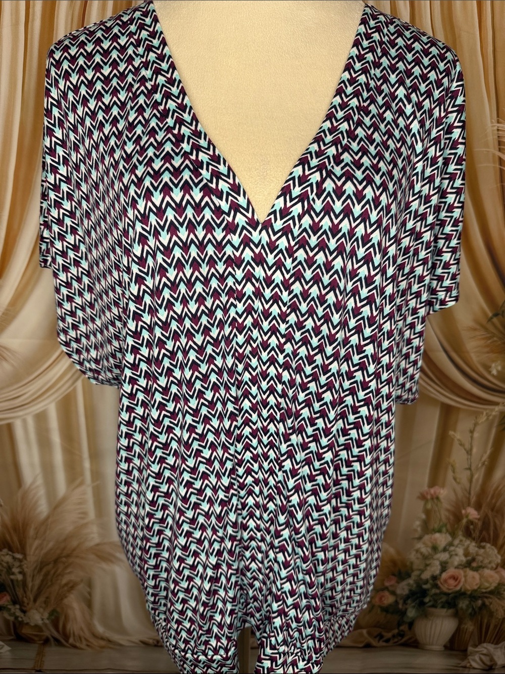 V-Neck Zigzag Blouse in Teal and Purple